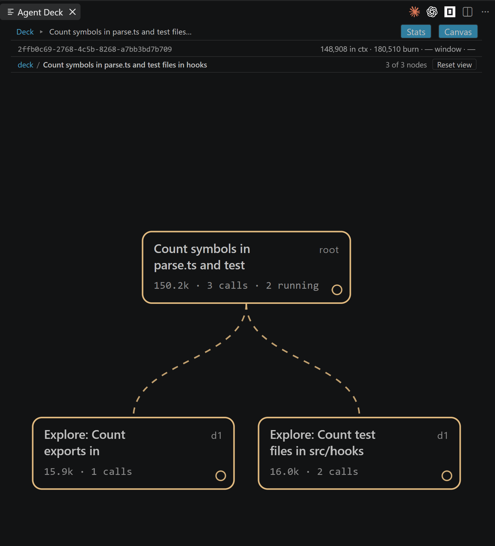 One session's tree: the root agent and the two subagents it spawned, with tokens and calls per agent